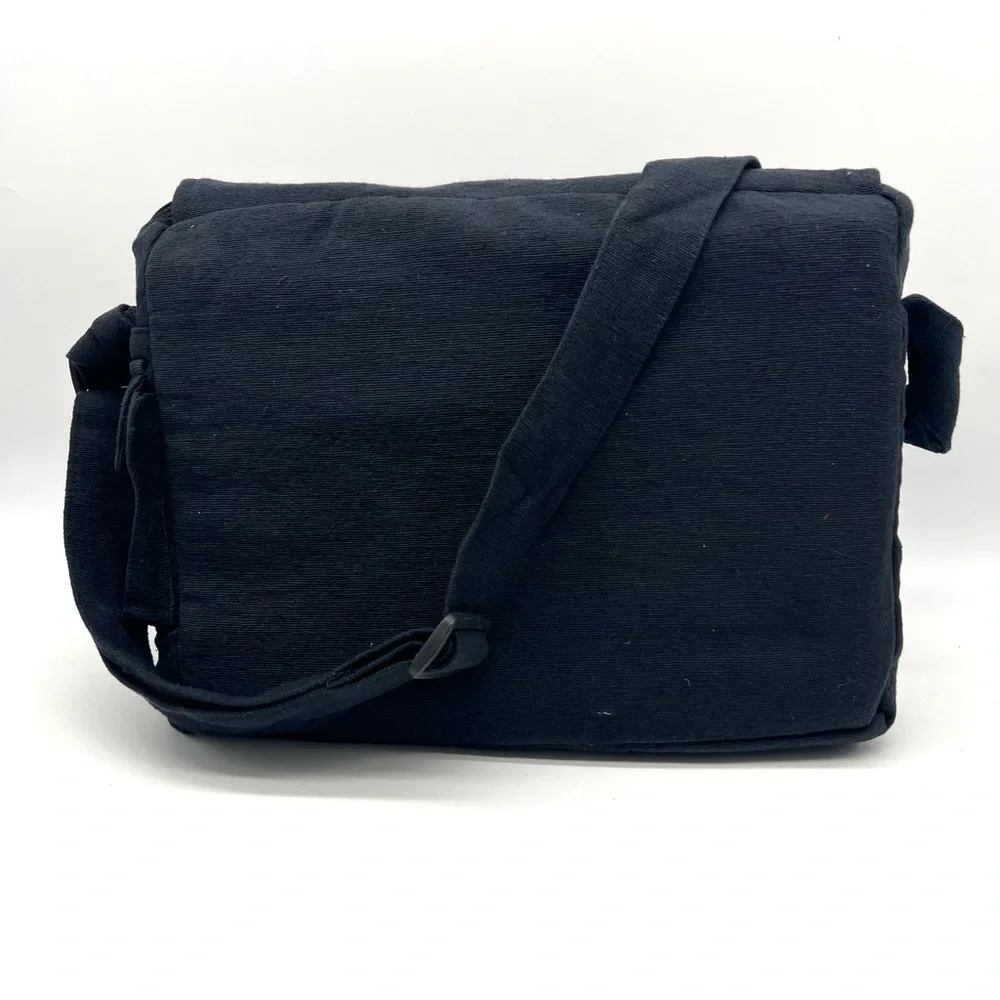 Black Cotton Laptop Messenger Bag with Swirl Embroidery